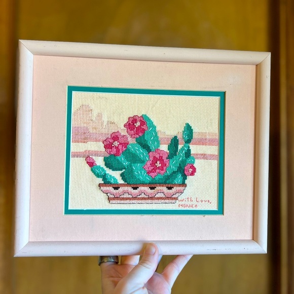 Framed Vintage Cactus Needlepoint Pastel Southwest Wall Art, Cross Stitch Desert - Picture 1 of 9